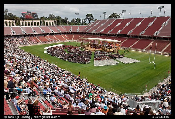 Commencement taking place in stadium. Stanford University, California, USA (color)