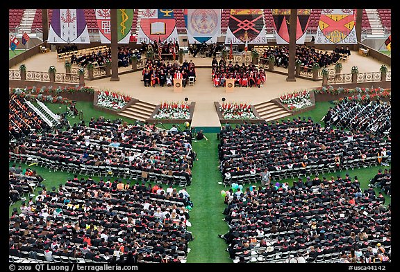 Students and university officials during commencement ceremony. Stanford University, California, USA (color)