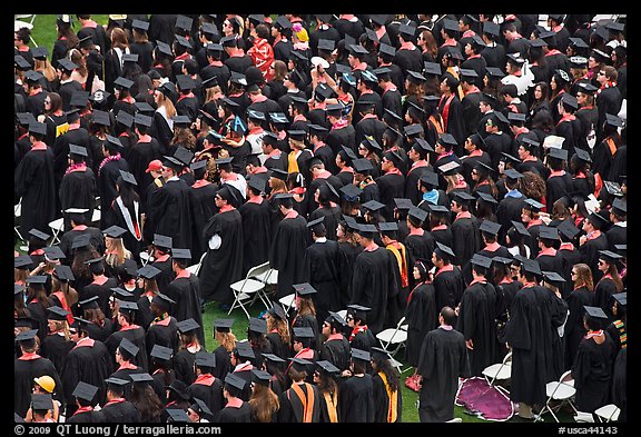 Rows of graduates in academic costume. Stanford University, California, USA (color)