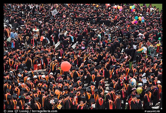 Mass of graduates in academic robes. Stanford University, California, USA (color)