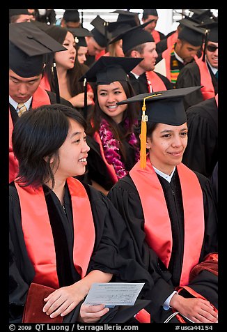 Students in academical dress sitting during graduation ceremony. Stanford University, California, USA (color)