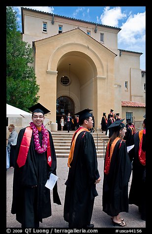 Students in academicals lined up in front of Memorial auditorium. Stanford University, California, USA (color)