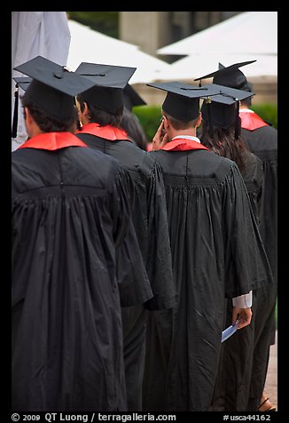 Graduates with robes and square caps seen from behind. Stanford University, California, USA (color)