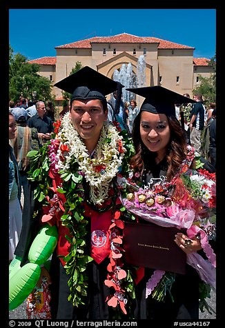 Graduates wearing flower garlands. Stanford University, California, USA (color)