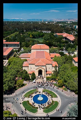 Fountain and Memorial auditorium seen from Hoover Tower. Stanford University, California, USA (color)