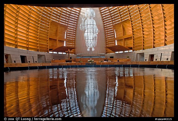 Interior reflected in Baptismal font, Oakland Cathedral. Oakland, California, USA