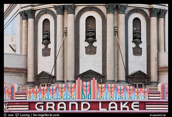 Detail of art deco facade, Grand Lake theater. Oakland, California, USA (color)