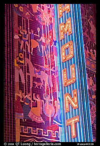 Neon lights and art deco mosaic, Paramount Theater. Oakland, California, USA