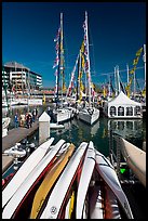 Kayaks and yachts, Jack London Square. Oakland, California, USA (color)