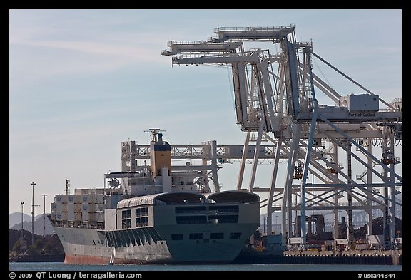 Cranes and cargo ship, Oakland port. Oakland, California, USA (color)