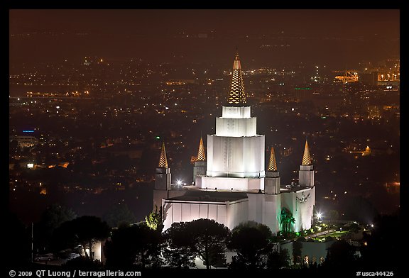 Church of Jesus Christ of LDS by night. Oakland, California, USA (color)