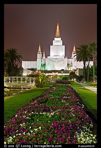 Oakland LDS temple and grounds by night. Oakland, California, USA