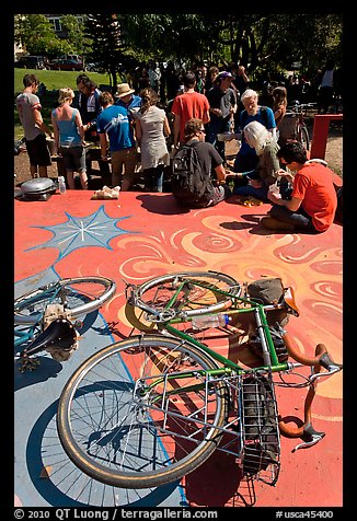 Bicycles and food line, Peoples Park. Berkeley, California, USA (color)