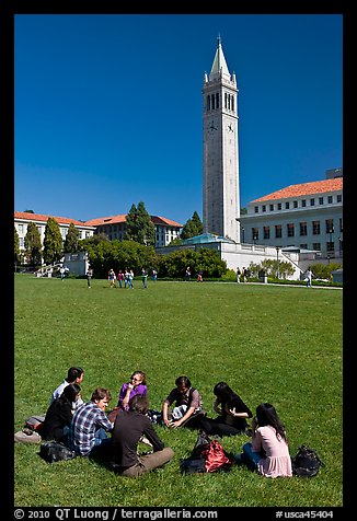 Students on lawn with Campanile in background. Berkeley, California, USA (color)