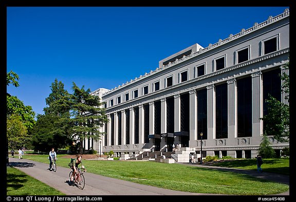 Students biking in front of Life Sciences building. Berkeley, California, USA (color)