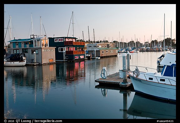 Houseboats in Berkeley Marina, sunset. Berkeley, California, USA (color)