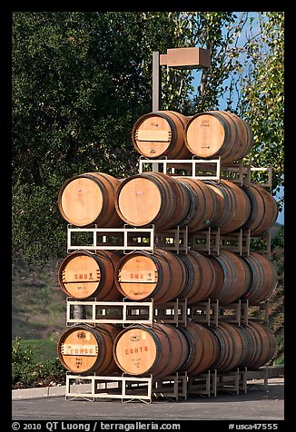 Barels of wine stacked outside, Artesa Winery. Napa Valley, California, USA