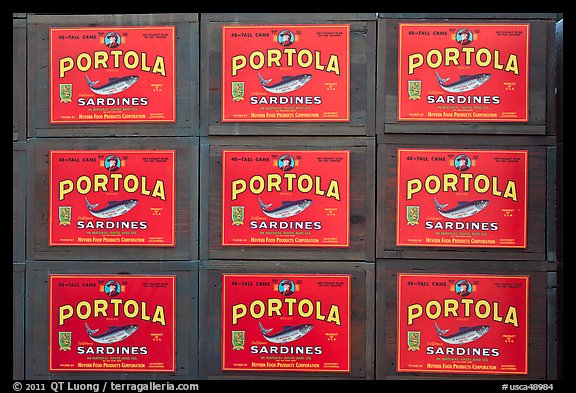 Boxes of canned sardines, Monterey Bay Aquarium. Monterey, California, USA