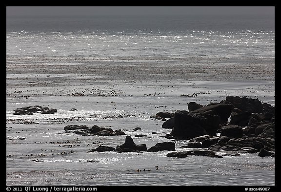 Rocks and backlit water, Carmel Bay. Carmel-by-the-Sea, California, USA (color)