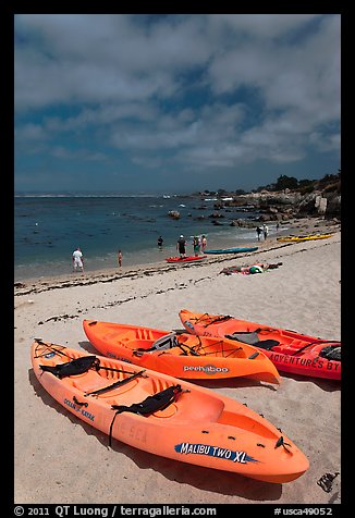 Sea kayaks on beach, Lovers Point. Pacific Grove, California, USA (color)