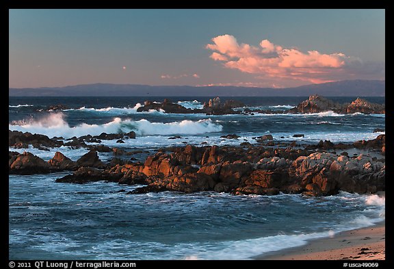 Surf and rocks at sunset, Monterey Bay. Pacific Grove, California, USA