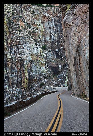 Roadway meandering through vertical gorge. Giant Sequoia National Monument, Sequoia National Forest, California, USA