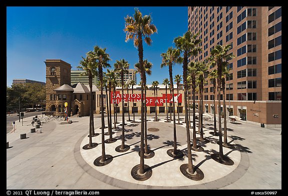 Circle of palm trees and San Jose Museum of Art. San Jose, California, USA (color)