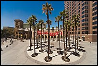 Circle of palm trees and San Jose Museum of Art. San Jose, California, USA (color)