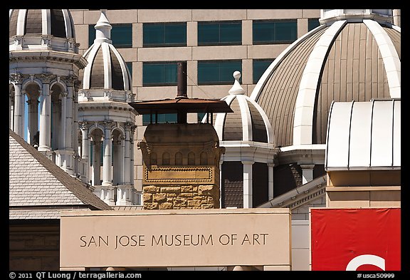 San Jose Museum of Art and St Joseph Basilica roof. San Jose, California, USA (color)