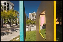 Downtown San Jose seen through colorful modern sculpture. San Jose, California, USA ( color)