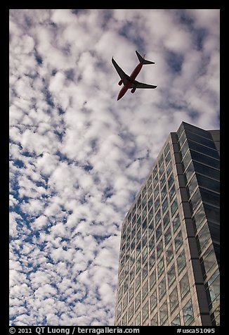 Adobe Tower and commercial aircraft. San Jose, California, USA (color)