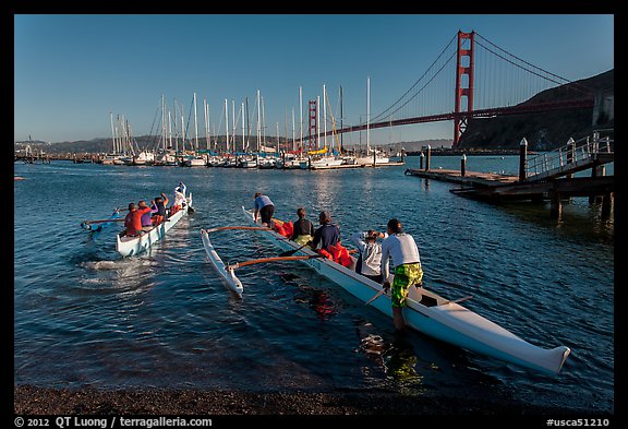 Outrigger canoes and Golden Gate Bridge. California, USA