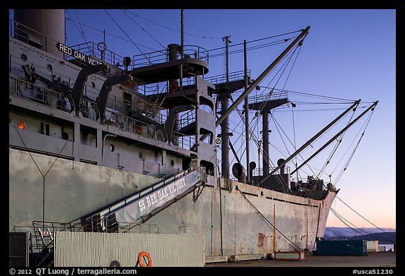 Victory and Liberty ship at dusk, Rosie the Riveter/World War II Home Front National Historical Park. Richmond, California, USA (color)