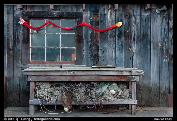 Shed with fishing gear and Chinese dragon, China Camp State Park. San Pablo Bay, California, USA (color)