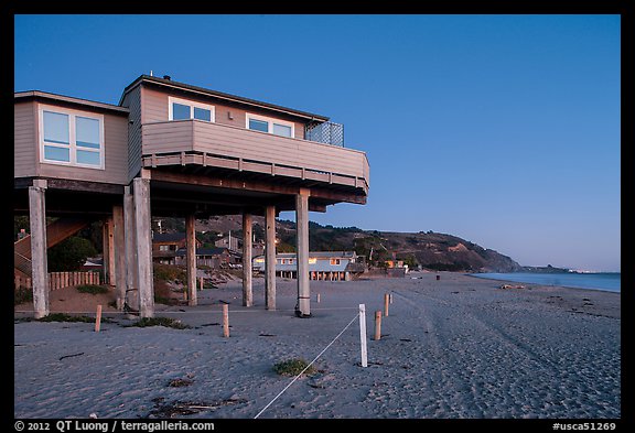 Beach house with high stilts, Stinson Beach. California, USA (color)