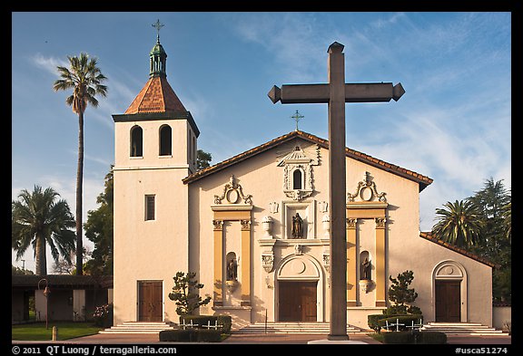 Cross and Mission Santa Clara de Asis, early morning. Santa Clara,  California, USA (color)
