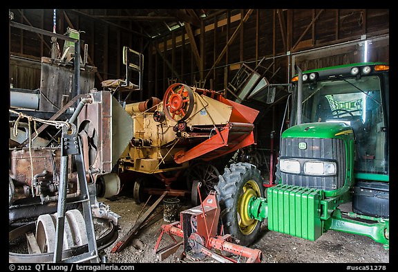 Barn full of agricultural machinery, Ardenwood farm, Fremont. California, USA (color)