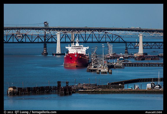 Pier, oil tanker, and Benicia-Martinez bridge. Martinez, California, USA