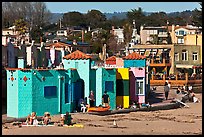 Beachfront with vividly painted cottages. Capitola, California, USA (color)