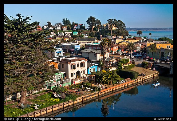 Houses bordering Soquel Creek from above. Capitola, California, USA (color)