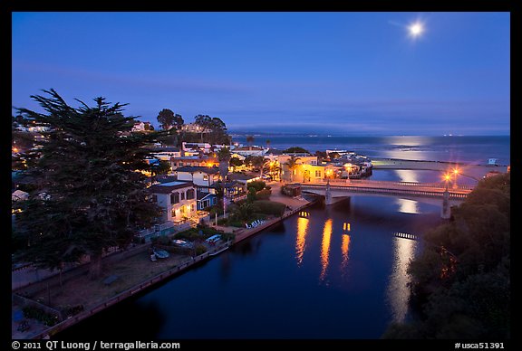 Capitola village, Soquel Creek and moon. Capitola, California, USA