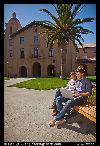 Students with laptop on bench. Stanford University, California, USA (color)