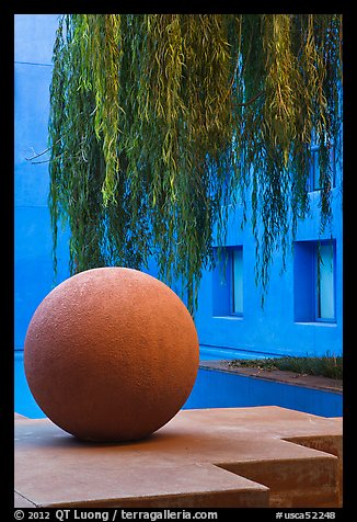 Sphere and willow in courtyard, Schwab Residential Center. Stanford University, California, USA (color)
