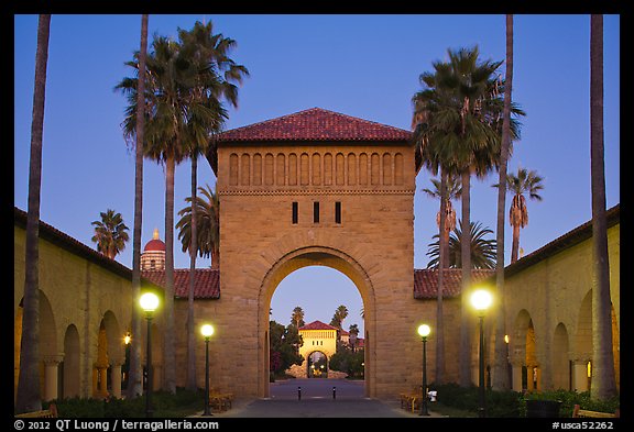 Gates at dusk, Main Quad. Stanford University, California, USA (color)