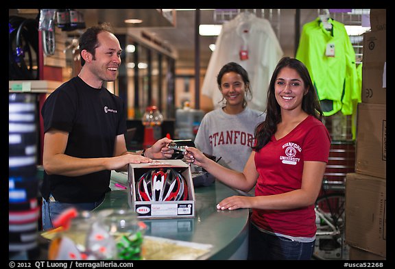 Credit card transaction, Campus Bike Shop. Stanford University, California, USA (color)