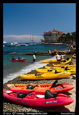 Sea kayaks and casino, Avalon Bay, Catalina Island. California, USA (color)
