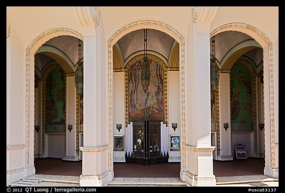 Catalina Casino entrance in Art Deco and Mediterranean Revival, Avalon, Catalina. California, USA (color)