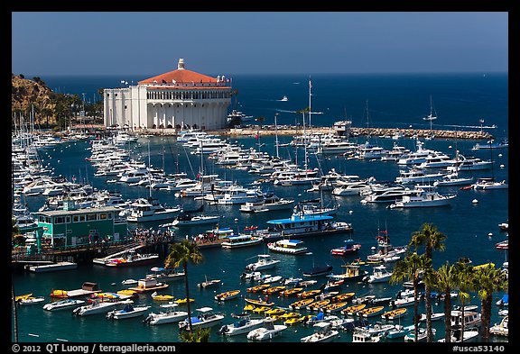 Harbor and casino from above, Avalon Bay, Santa Catalina Island. California, USA (color)