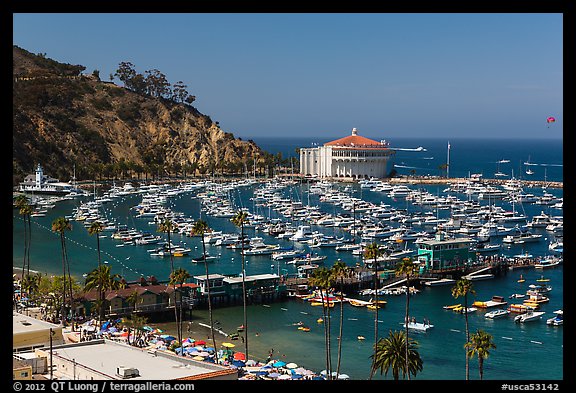 Beach, Pier, harbor, and casino from above, Avalon, Catalina. California, USA (color)