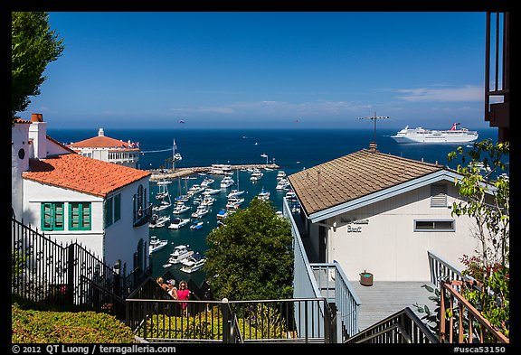 Stairs between residences overlooking harbor, Avalon, Catalina. California, USA (color)